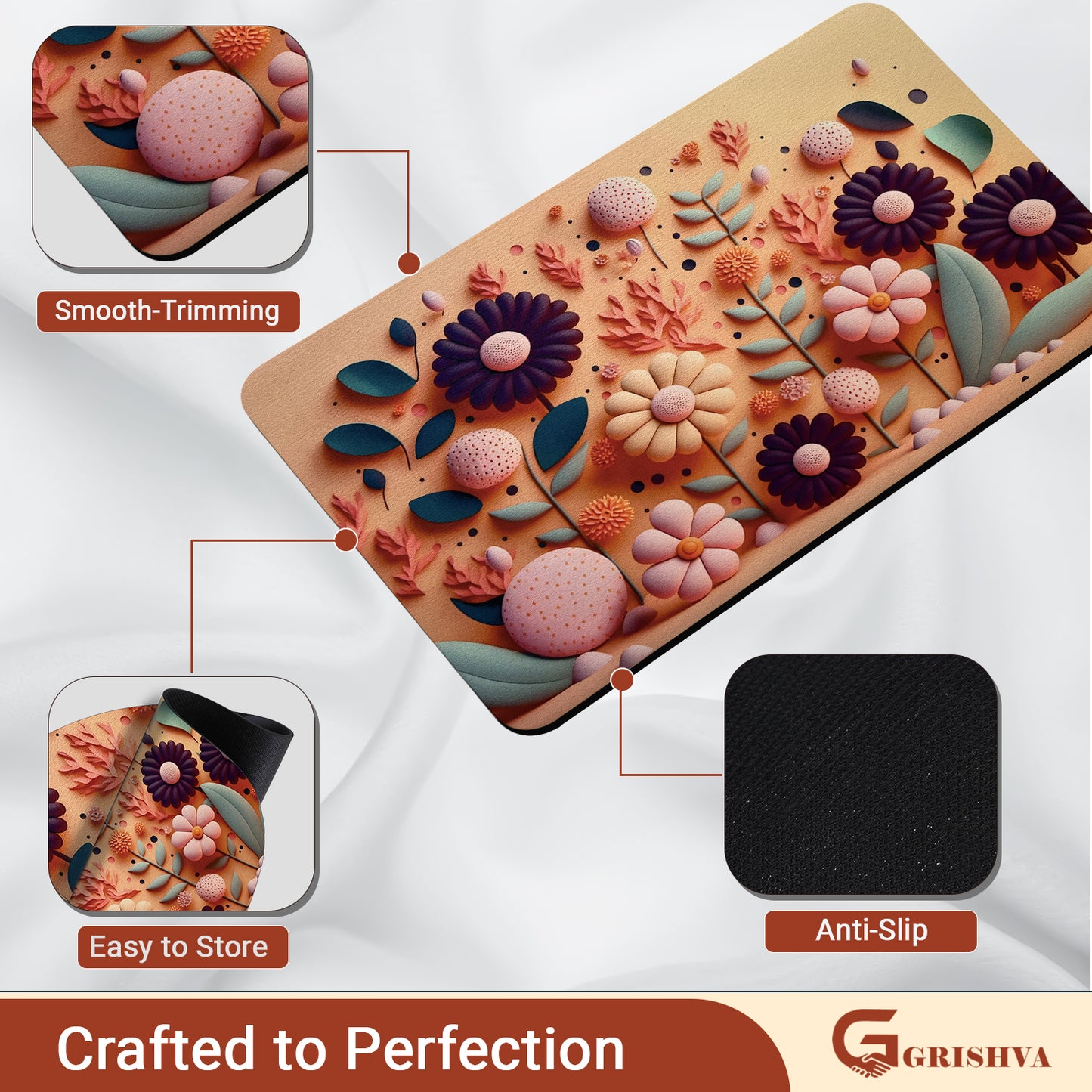 Grishva Premium Anti-Skid 3D Orange Flower - Print  Bath Mat – Soft, Water-Absorbent & Durable Design