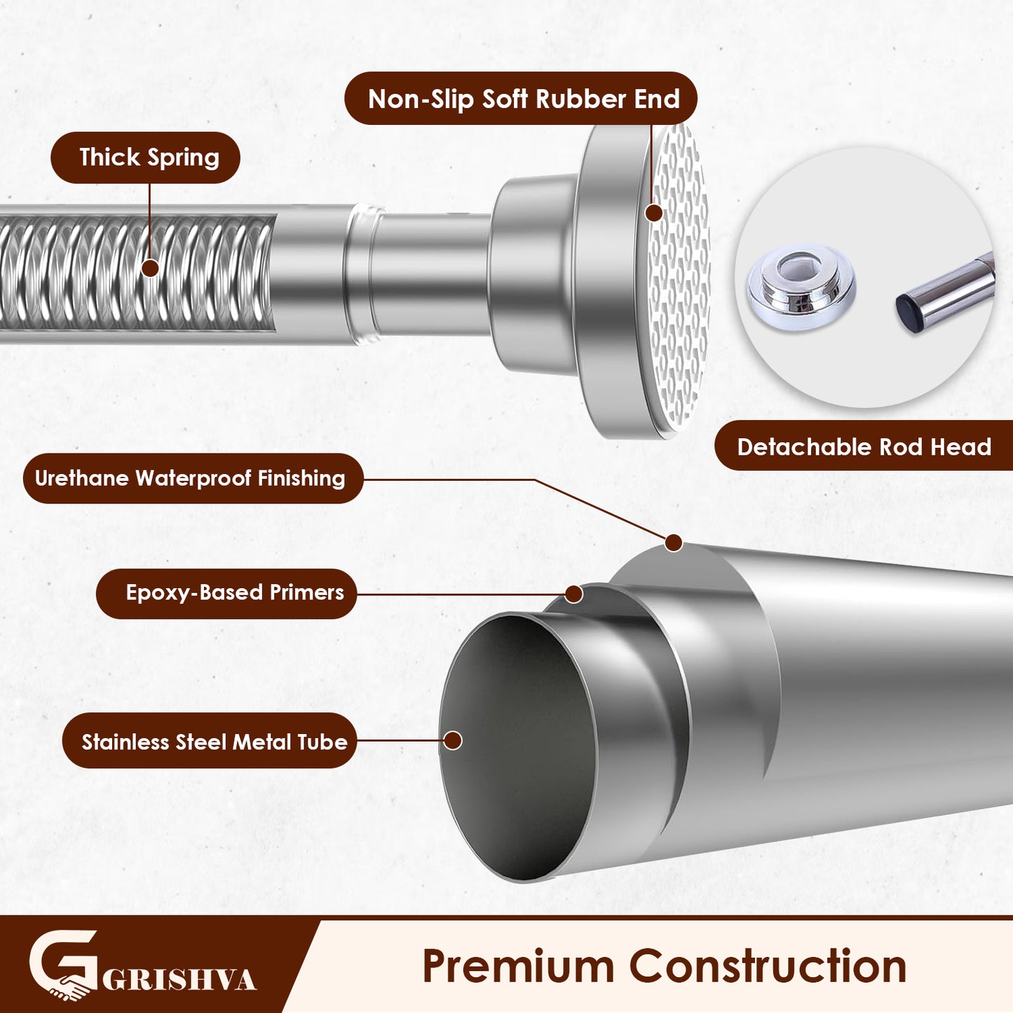 Grishva® Adjustable Extendable Shower Curtain Rod | Stainless Steel Tension Rod | No-Drill, Anti-Skid Spring Pull Rod for Bathroom, Kitchen & Windows  (Curtain Rods No Drilling for Wall)