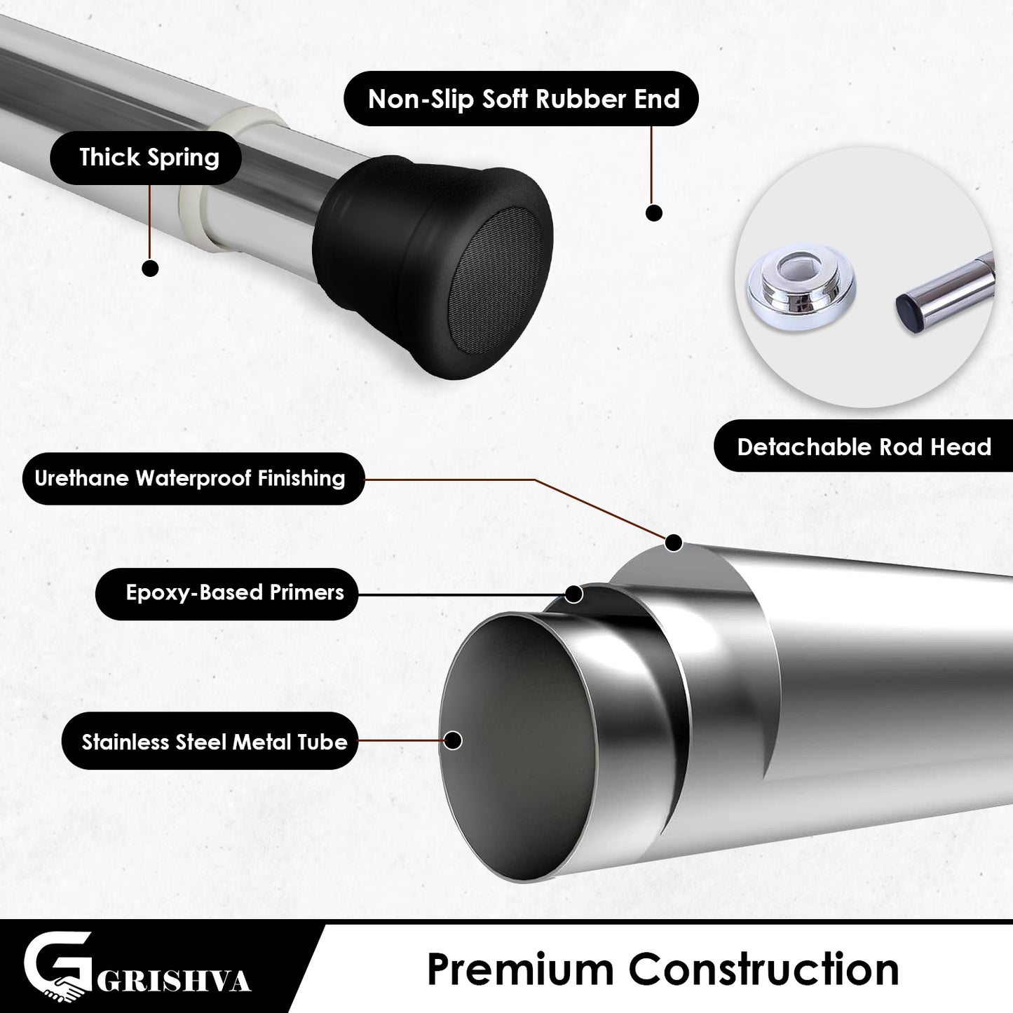 GRISHVA® Extendable Shower Curtain Rod  | Stainless Steel Tension Rod | No-Drill, Anti-Skid Spring Pull Curtain Rod for Bathroom, Kitchen & Windows