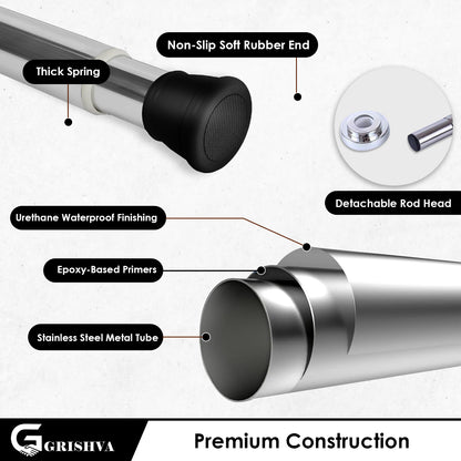 GRISHVA® Extendable Shower Curtain Rod  | Stainless Steel Tension Rod | No-Drill, Anti-Skid Spring Pull Curtain Rod for Bathroom, Kitchen & Windows