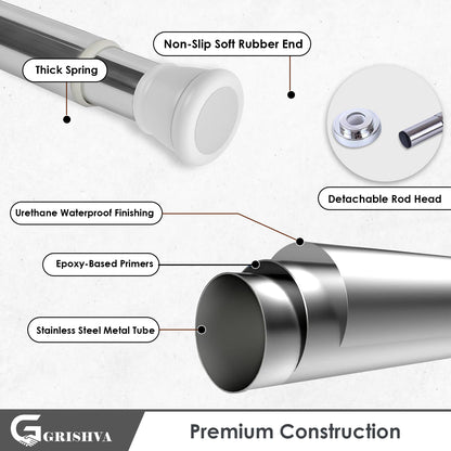 GRISHVA® Extendable Shower Curtain Rod  | Stainless Steel Tension Rod | No-Drill, Anti-Skid Spring Pull Curtain Rod for Bathroom, Kitchen & Windows