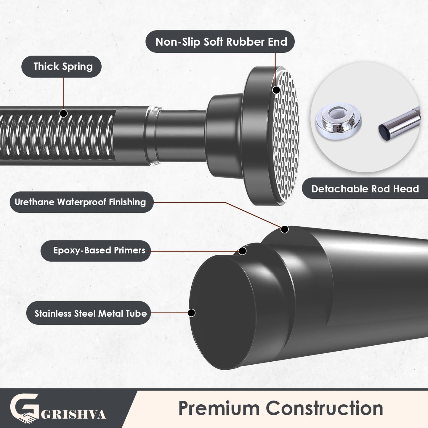Grishva® Adjustable Extendable Shower Curtain Rod | Stainless Steel Tension Rod | No-Drill, Anti-Skid Spring Pull Rod for Bathroom, Kitchen & Windows  (Curtain Rods No Drilling for Wall)