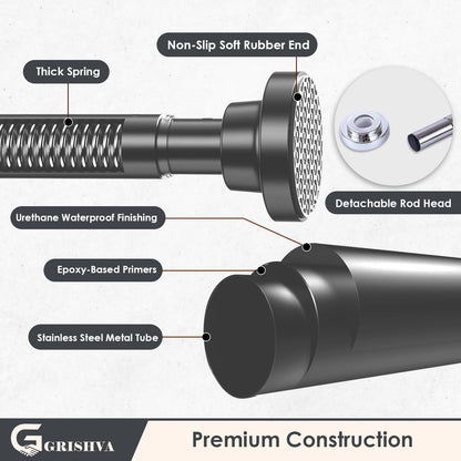 Grishva® Adjustable Extendable Shower Curtain Rod | Stainless Steel Tension Rod | No-Drill, Anti-Skid Spring Pull Rod for Bathroom, Kitchen & Windows  (Curtain Rods No Drilling for Wall)