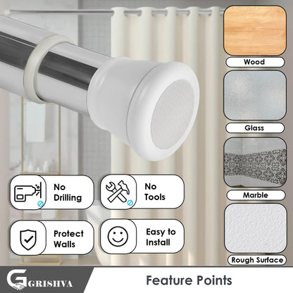 GRISHVA® Extendable Shower Curtain Rod  | Stainless Steel Tension Rod | No-Drill, Anti-Skid Spring Pull Curtain Rod for Bathroom, Kitchen & Windows