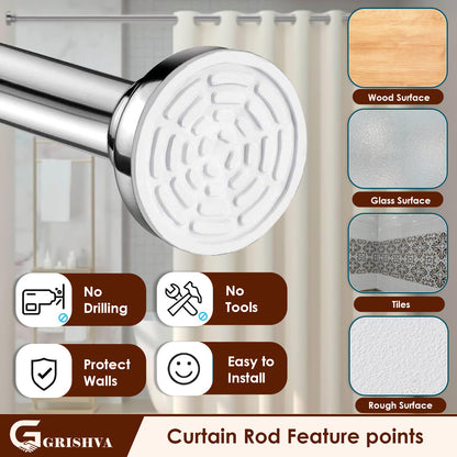 Grishva® Adjustable Extendable Shower Curtain Rod | Stainless Steel Tension Rod | No-Drill, Anti-Skid Spring Pull Rod for Bathroom, Kitchen & Windows  (Curtain Rods No Drilling for Wall)