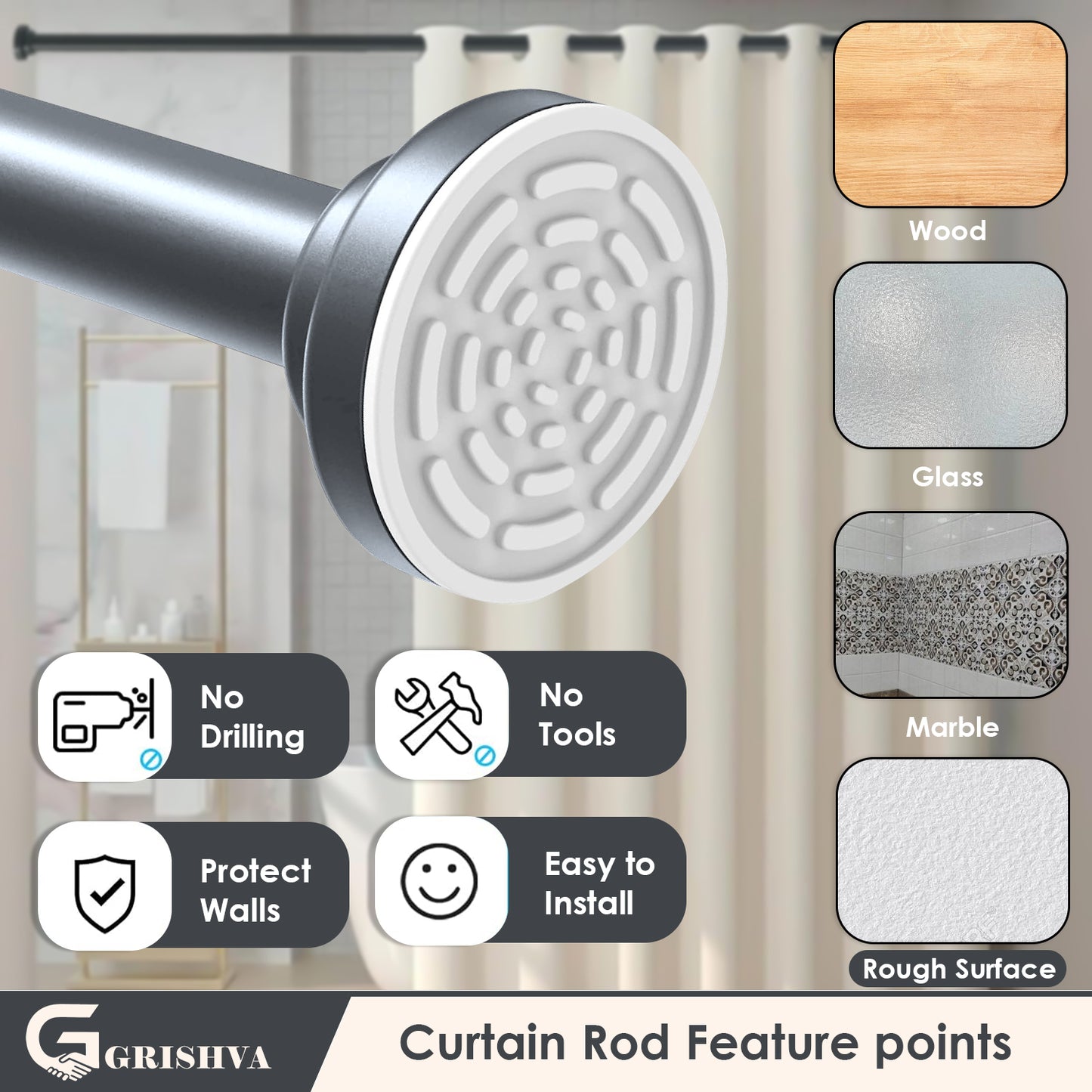 Grishva® Adjustable Extendable Shower Curtain Rod | Stainless Steel Tension Rod | No-Drill, Anti-Skid Spring Pull Rod for Bathroom, Kitchen & Windows  (Curtain Rods No Drilling for Wall)