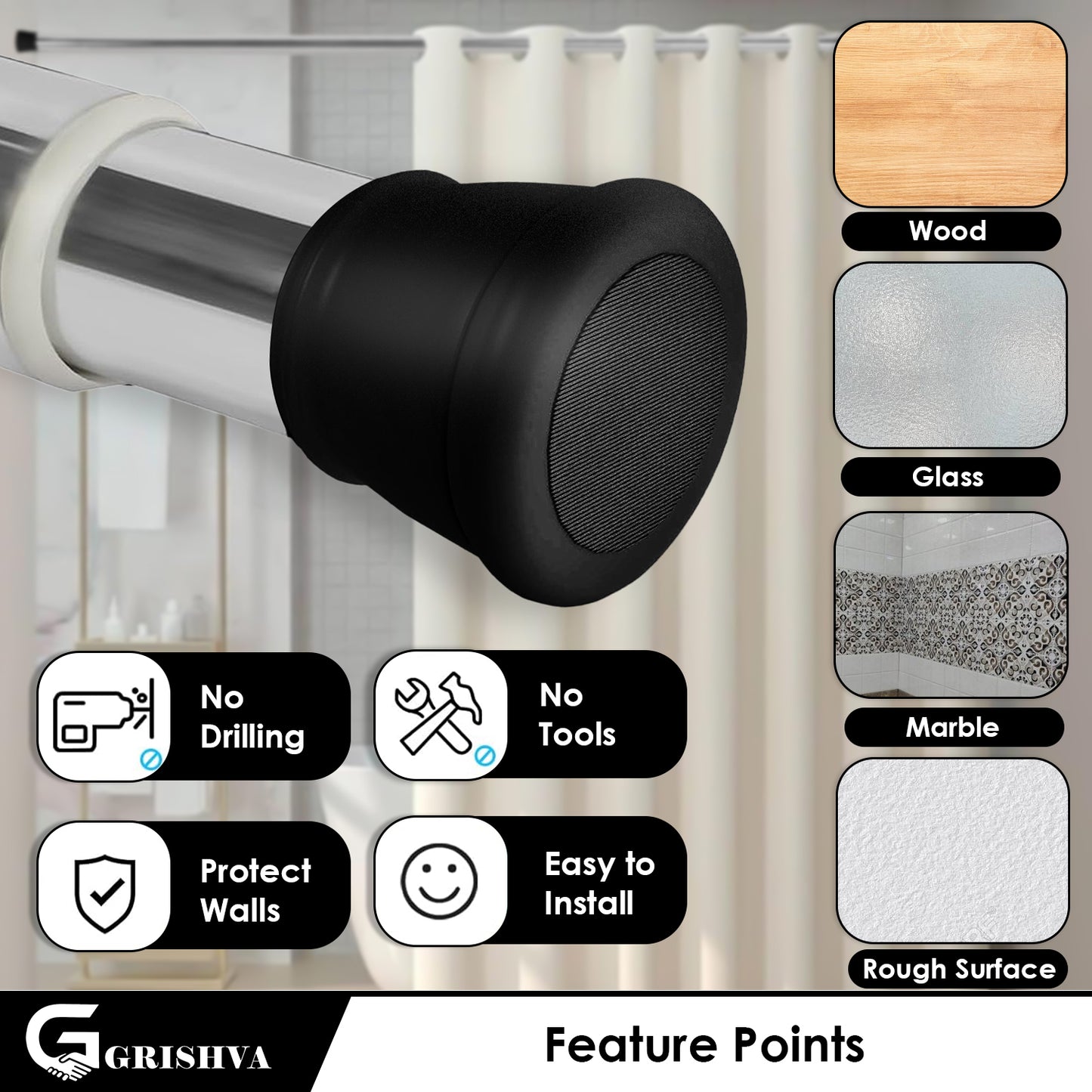 GRISHVA® Extendable Shower Curtain Rod  | Stainless Steel Tension Rod | No-Drill, Anti-Skid Spring Pull Curtain Rod for Bathroom, Kitchen & Windows