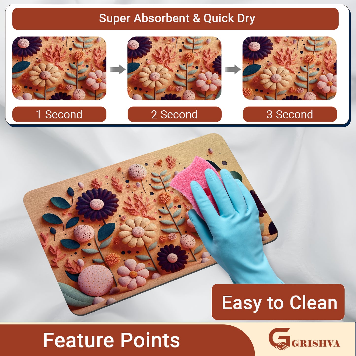 Grishva Premium Anti-Skid 3D Orange Flower - Print  Bath Mat – Soft, Water-Absorbent & Durable Design