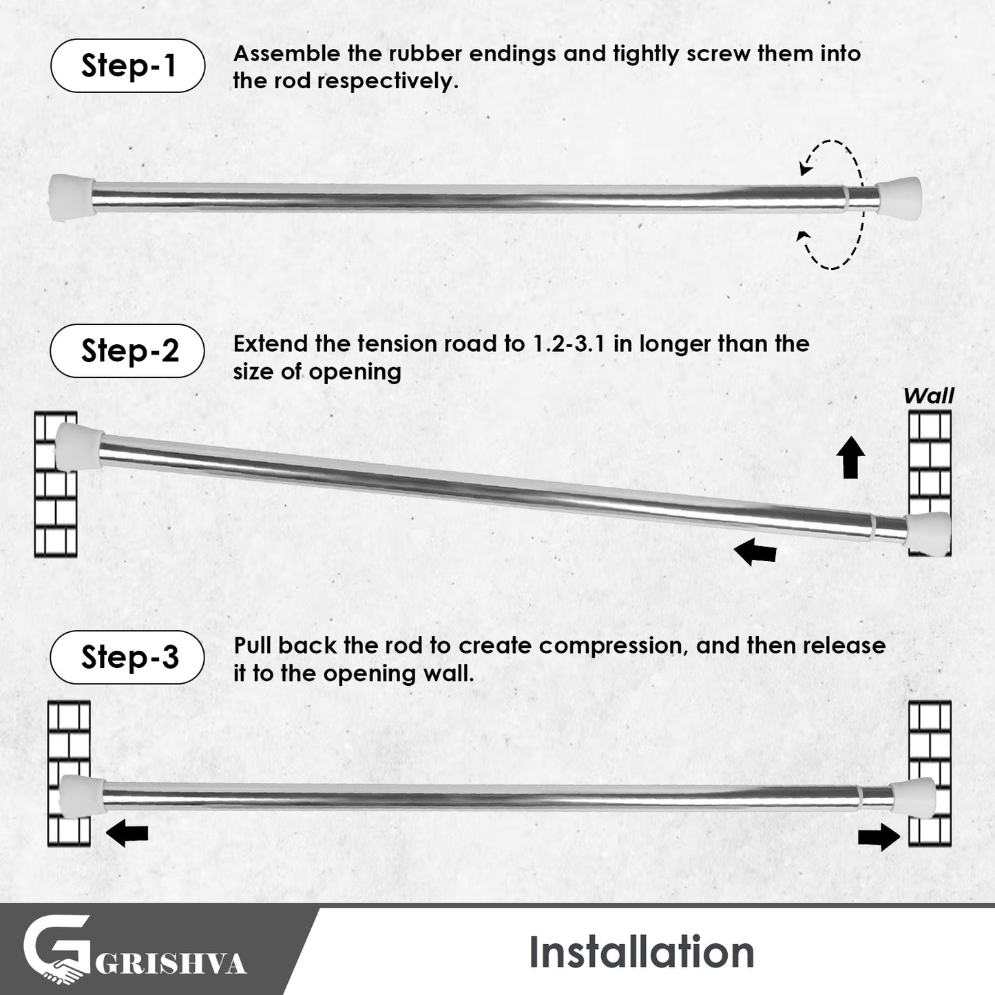 GRISHVA® Extendable Shower Curtain Rod  | Stainless Steel Tension Rod | No-Drill, Anti-Skid Spring Pull Curtain Rod for Bathroom, Kitchen & Windows