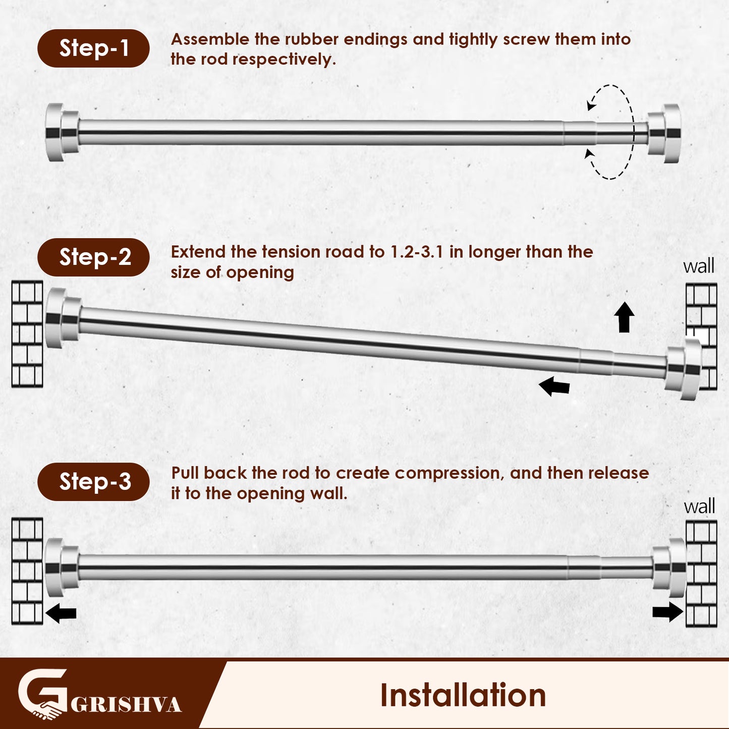 Grishva® Adjustable Extendable Shower Curtain Rod | Stainless Steel Tension Rod | No-Drill, Anti-Skid Spring Pull Rod for Bathroom, Kitchen & Windows  (Curtain Rods No Drilling for Wall)
