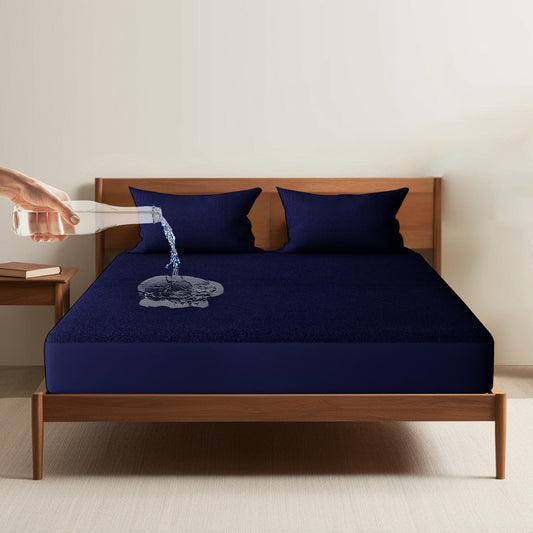 Waterproof Mattress Protector | Soft Cotton, Breathable & Noiseless Bed Cover for Complete Protection(Navy Blue)
