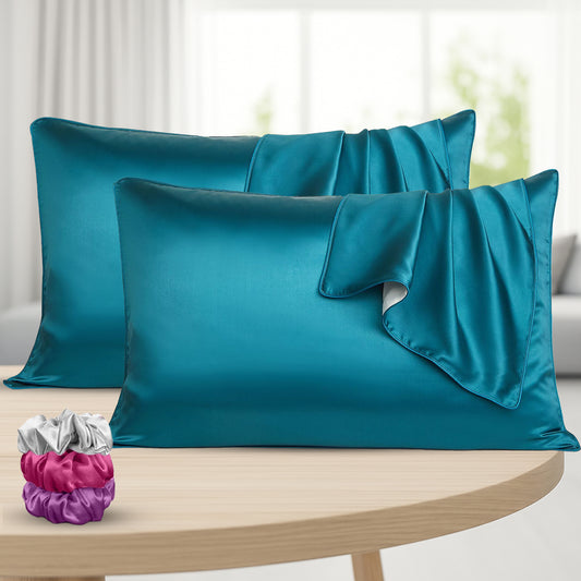 Set of 2 Satin Silk Pillow Covers with 3 Matching Silk Scrunchies | Soft, Smooth & Skin-Friendly Pillowcase for Hair & Skin Care(Teal)