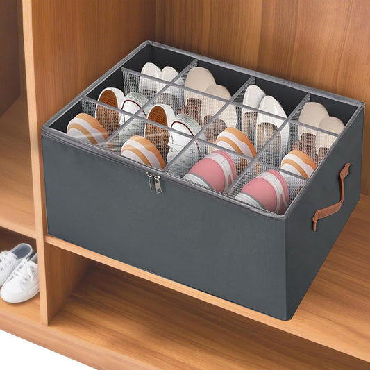 Grishva Foldable Shoe Organizer for Closet – Large Shoe Storage Box with Clear Cover & PU Side Handles
