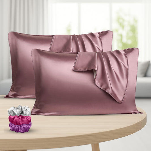 Set of 2 Satin Silk Pillow Covers with 3 Matching Silk Scrunchies | Soft, Smooth & Skin-Friendly Pillowcase for Hair & Skin Care(Rose Pink)