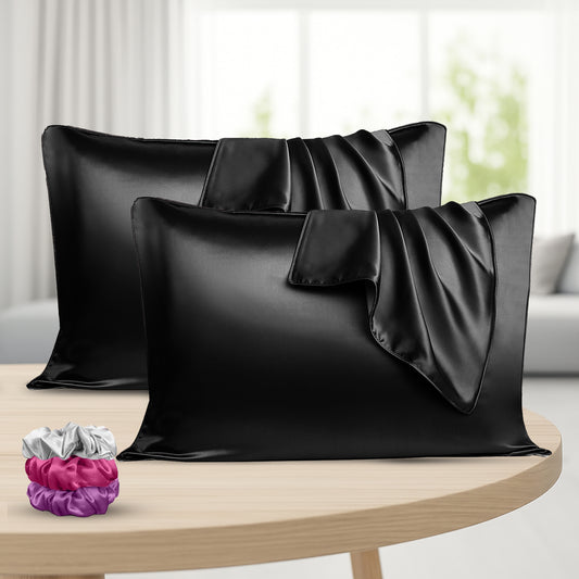 Set of 2 Satin Silk Pillow Covers with 3 Matching Silk Scrunchies | Soft, Smooth & Skin-Friendly Pillowcase for Hair & Skin Care(Black)