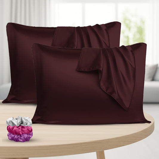 Set of 2 Satin Silk Pillow Covers with 3 Matching Silk Scrunchies | Soft, Smooth & Skin-Friendly Pillowcase for Hair & Skin Care(Brown)