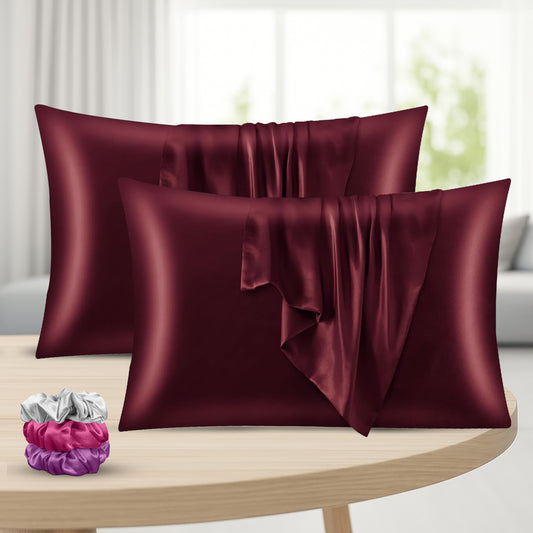 Set of 2 Satin Silk Pillow Covers with 3 Matching Silk Scrunchies | Soft, Smooth & Skin-Friendly Pillowcase for Hair & Skin Care(Maroon)
