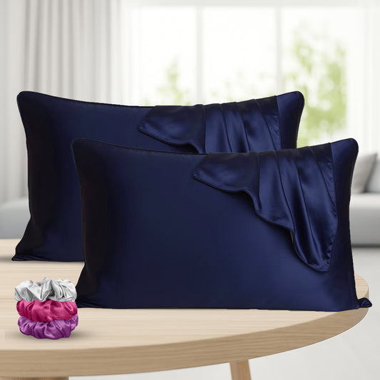 Set of 2 Satin Silk Pillow Covers with 3 Matching Silk Scrunchies | Soft, Smooth & Skin-Friendly Pillowcase for Hair & Skin Care(Navy-Blue)