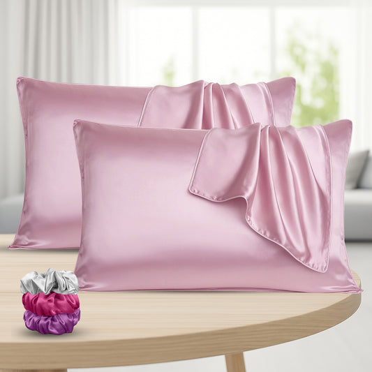 Set of 2 Satin Silk Pillow Covers with 3 Matching Silk Scrunchies | Soft, Smooth & Skin-Friendly Pillowcase for Hair & Skin Care(Pink)