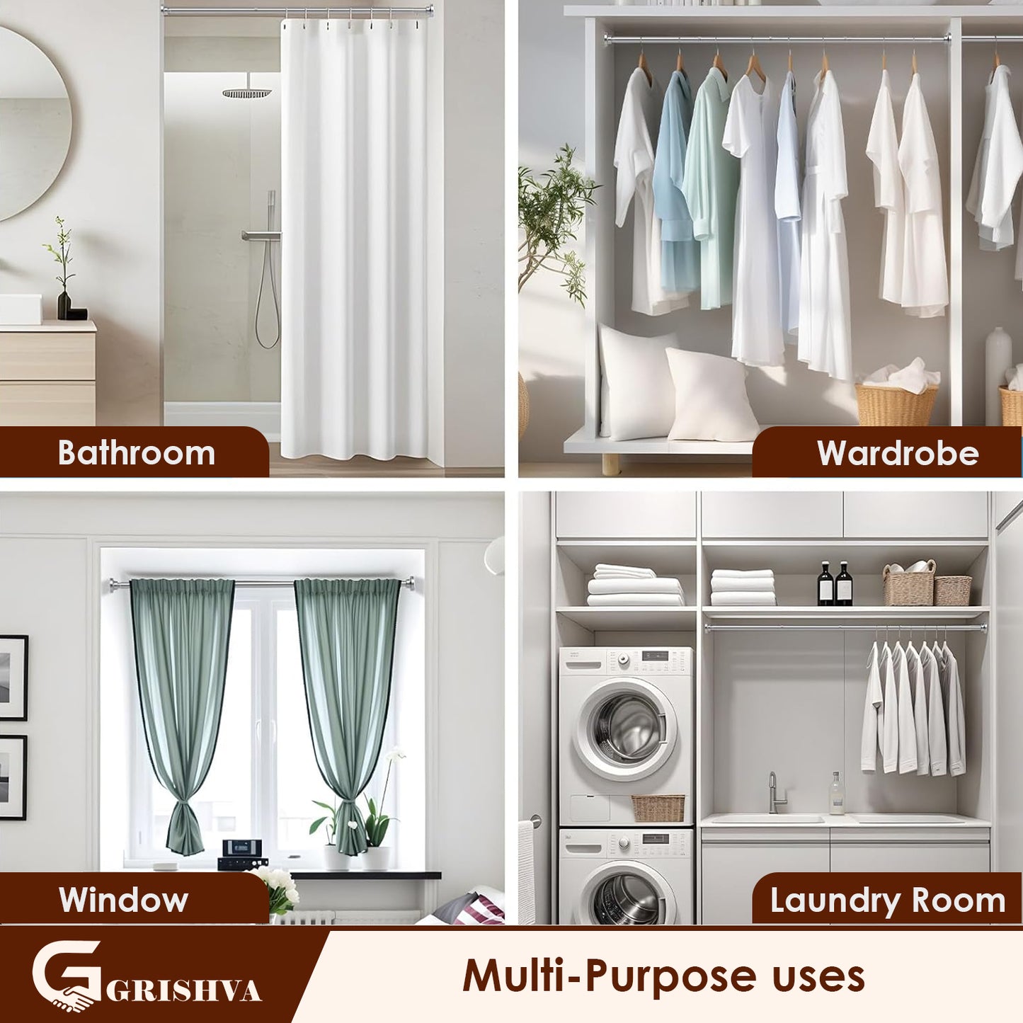 Grishva® Adjustable Extendable Shower Curtain Rod | Stainless Steel Tension Rod | No-Drill, Anti-Skid Spring Pull Rod for Bathroom, Kitchen & Windows  (Curtain Rods No Drilling for Wall)