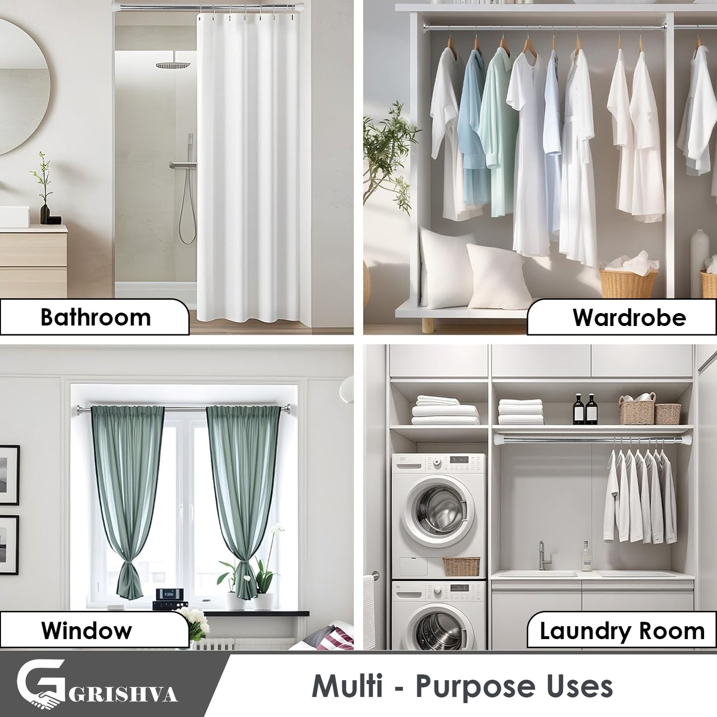 GRISHVA® Extendable Shower Curtain Rod  | Stainless Steel Tension Rod | No-Drill, Anti-Skid Spring Pull Curtain Rod for Bathroom, Kitchen & Windows