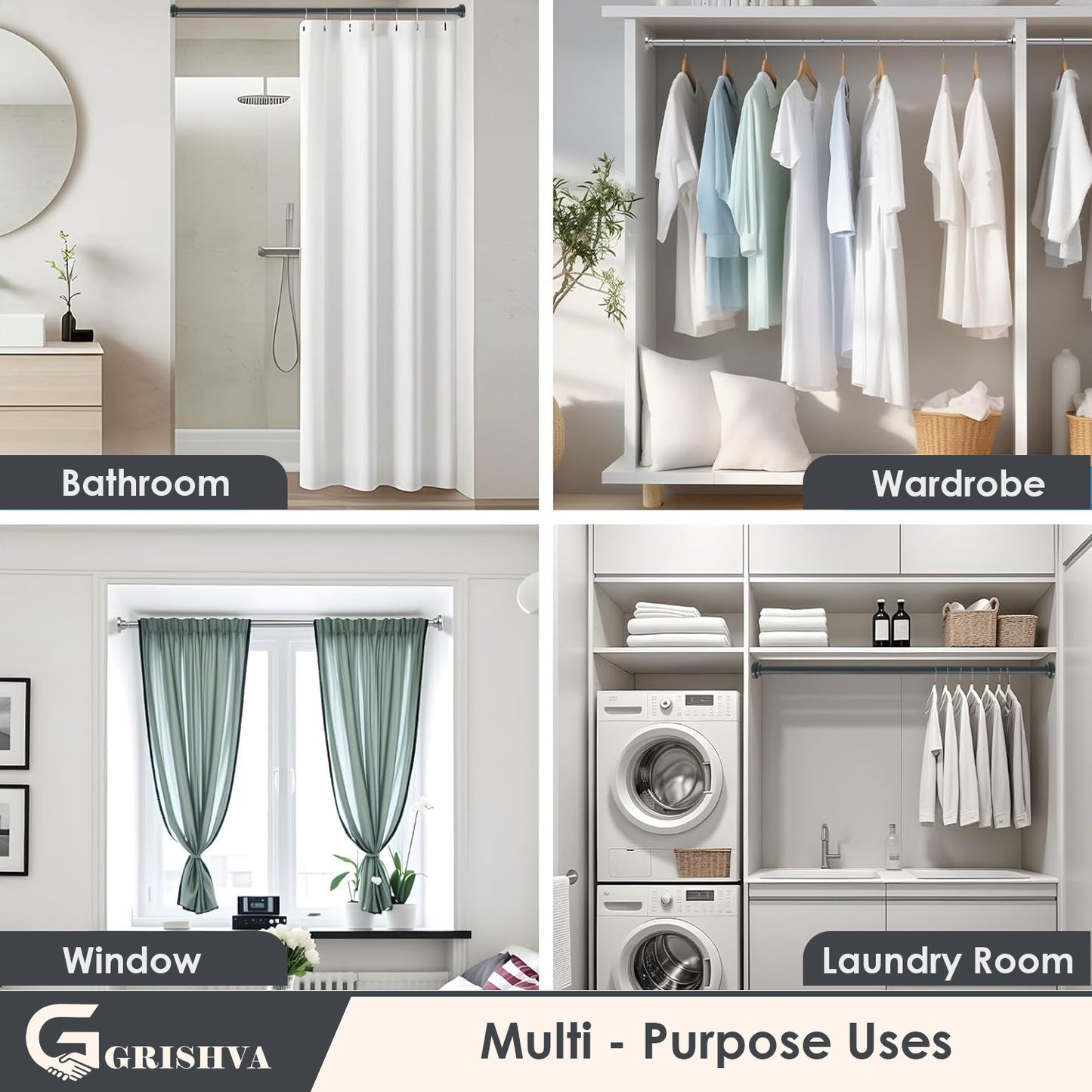 Grishva® Adjustable Extendable Shower Curtain Rod | Stainless Steel Tension Rod | No-Drill, Anti-Skid Spring Pull Rod for Bathroom, Kitchen & Windows  (Curtain Rods No Drilling for Wall)