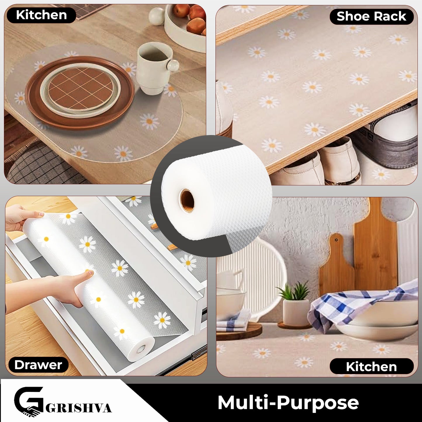 Waterproof Drawer Cabinet & Almirah Mat | Non-Slip, Washable & Cuttable Liner Mat for Shelves, Kitchen & Wardrobe(White-Flower )