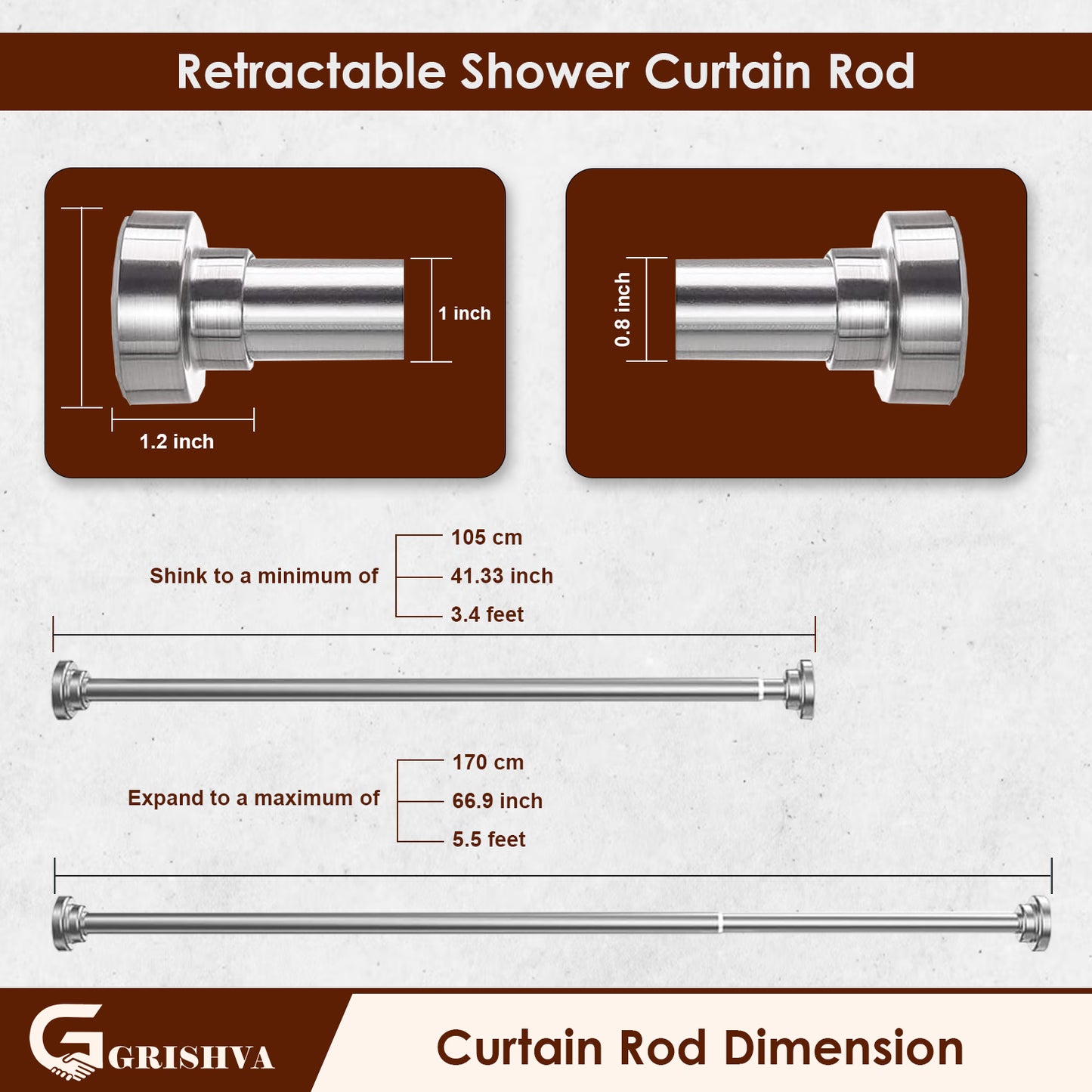 Grishva® Adjustable Extendable Shower Curtain Rod | Stainless Steel Tension Rod | No-Drill, Anti-Skid Spring Pull Rod for Bathroom, Kitchen & Windows  (Curtain Rods No Drilling for Wall)